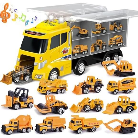 12 in 1 Construction Truck Toys Set for Toddlers, Carrier Truck with 12 Mini Car - Picture 7 of 7